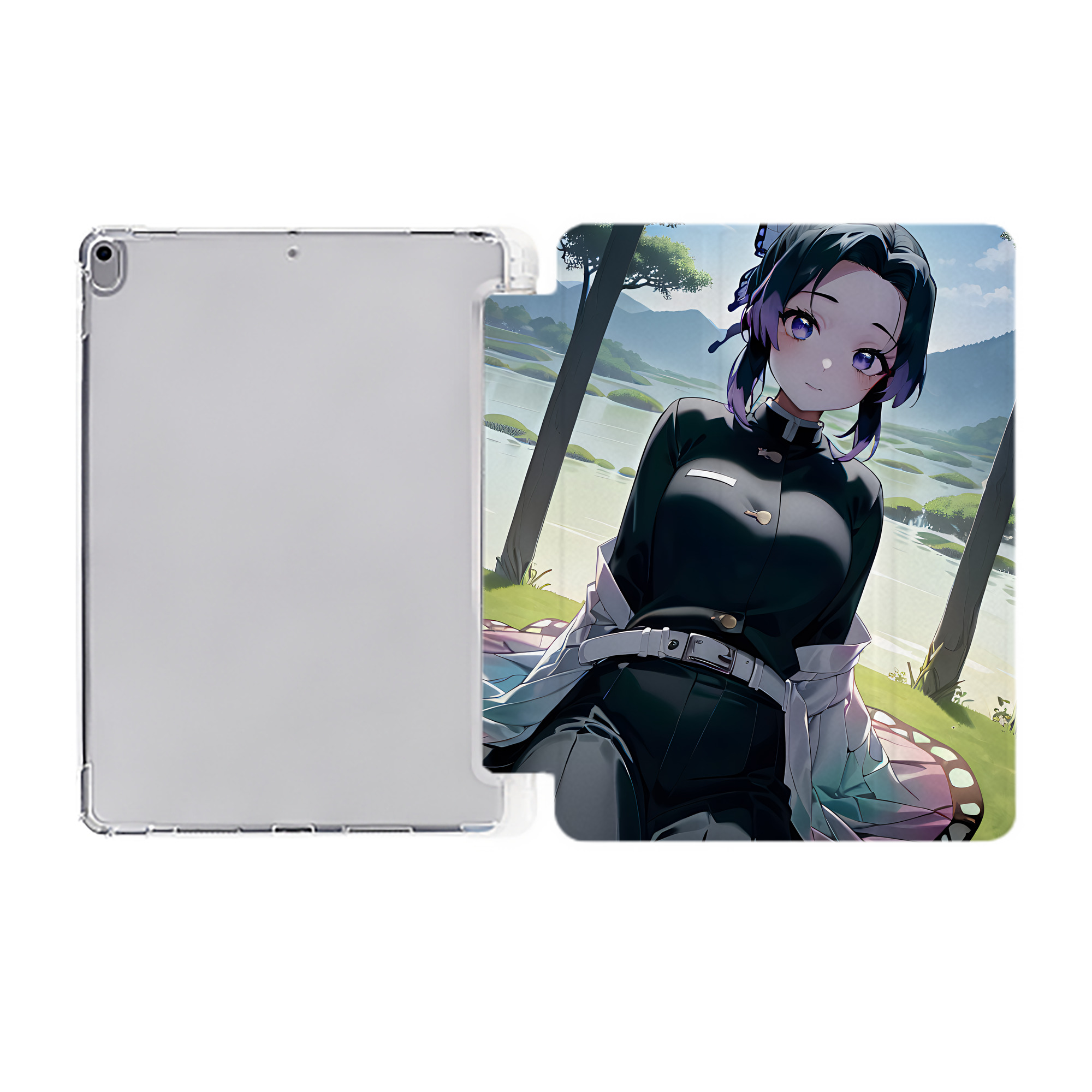 （画像用） 鬼滅の刃（きめつのやいば）蟲柱-胡蝶 しのぶ／こちょう しのぶ Kochou Shinobu IPad ケース ペン収納付き 三つ折りスタンド PUレザー×シリコン 対応機種9.5/10.5/10.9インチ